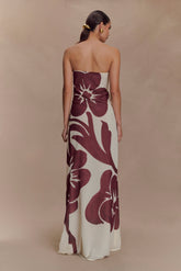 Amaya Strapless Chiffon Maxi Dress - Brown Deco Fleur Print
